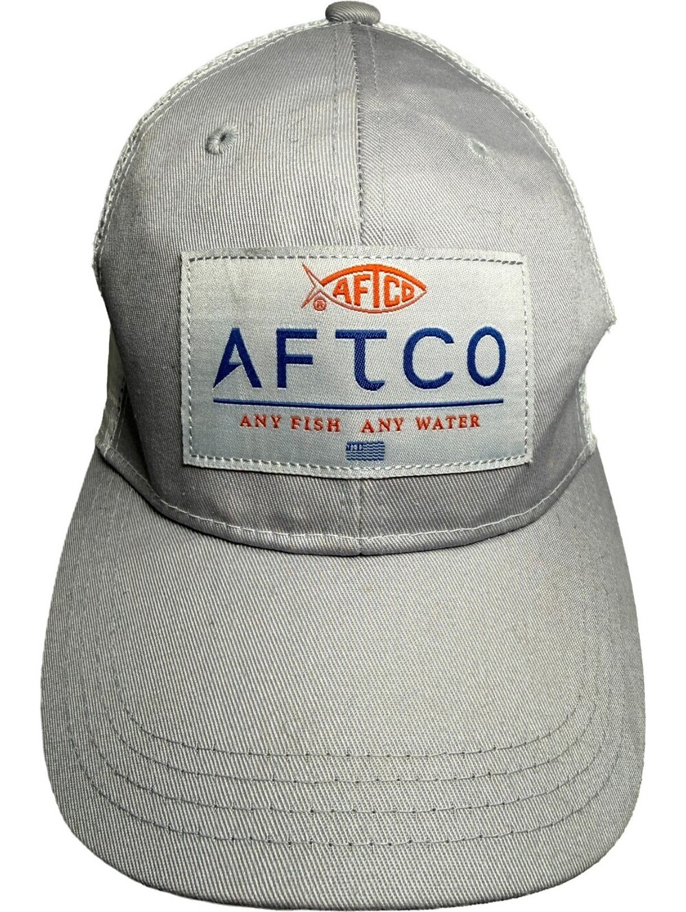 AFTCO Patch Trucker Hat Gray & White Mesh Back Snapback Cap Any Fish Any Water